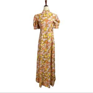 Vintage 60s Daisy Floral Puff Sleeve Mock Neck Bow Waist Belt Maxi Dress